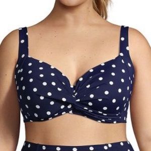Lands’ End Navy Polka Dot Twist Front Underwire Bikini Top Size 14. Length